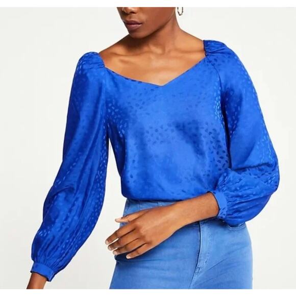 Ann Taylor Women's Puff Long Sleeve V-Neck Satin Blouse Top Blue Size Small - Picture 1 of 11